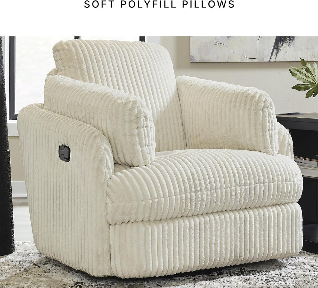 Signature Design by Ashley Tie-Breaker Cozy Contemporary Manual Press-Back Swivel Glider Rocker Recliner with 2 Bolster Pillows and Hidden Storage, White