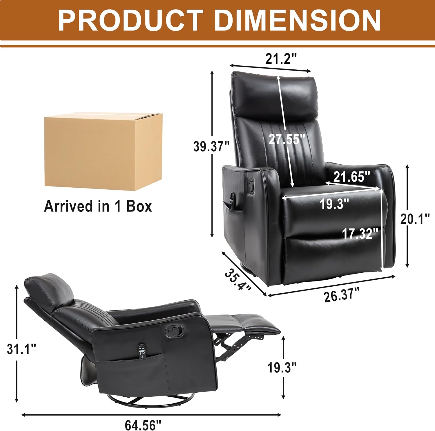 Manual Swivel Rocker Recliner Chair for Adults, Overstuffed Recliner Glider with Massage and Heat, Living Room Reclining Chair, PU Leather Black