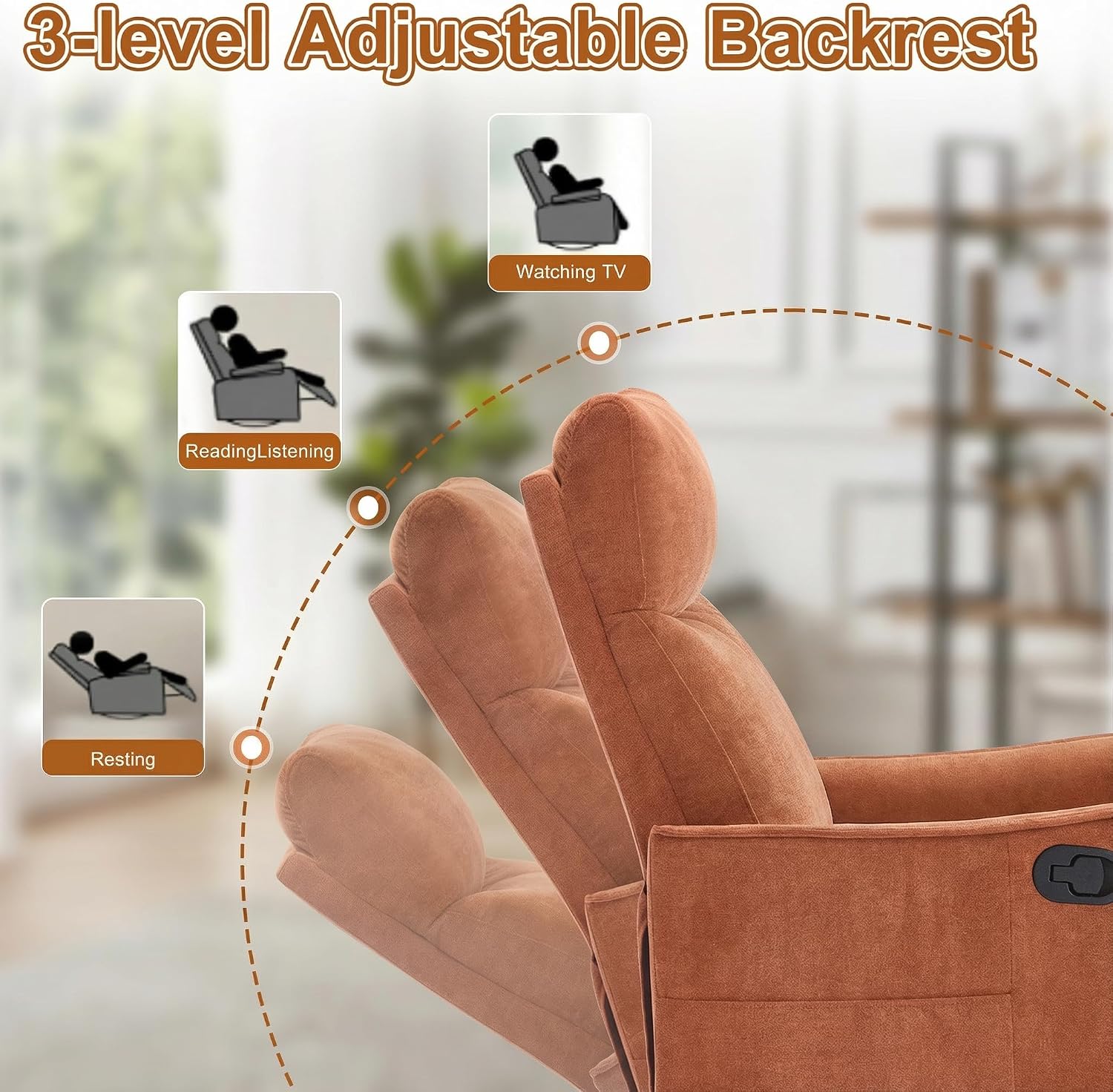 Manual 360° Swivel Rocker Recliner Chair for Adults, Overstuffed Glider Chair for Nursery with Vibration Massage and Heat, Comfy Soft Fabric Glider with Side Pockets for Living Room, Orange
