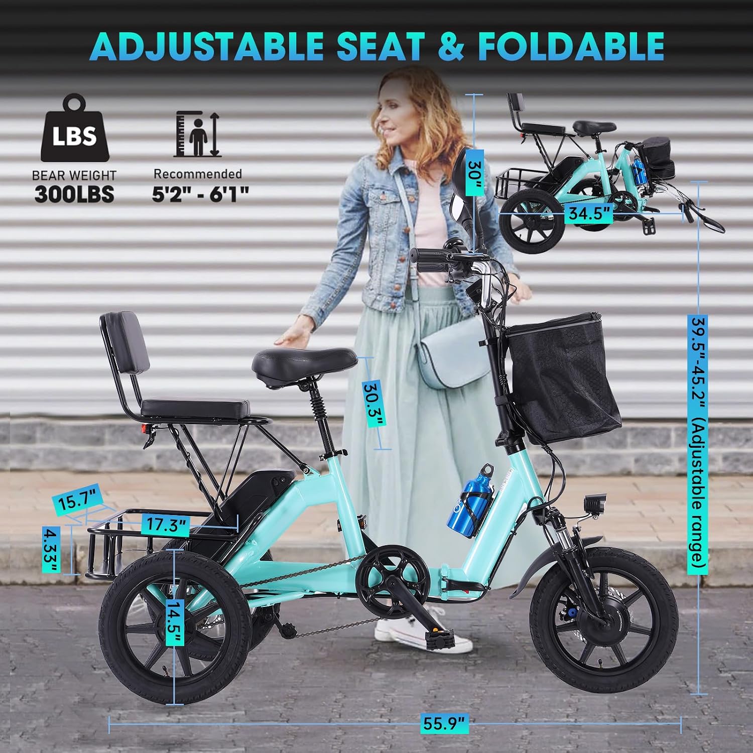 E Trike Electric Bike, 350W(Peak 500W) Brushless Motor Folding Trike, 2 Seats Ebike, 480Wh Removable Battery, Step-Thru 3 Wheel Electric Bicycle, Up to 45 Miles, Tricycle for Adults Parents