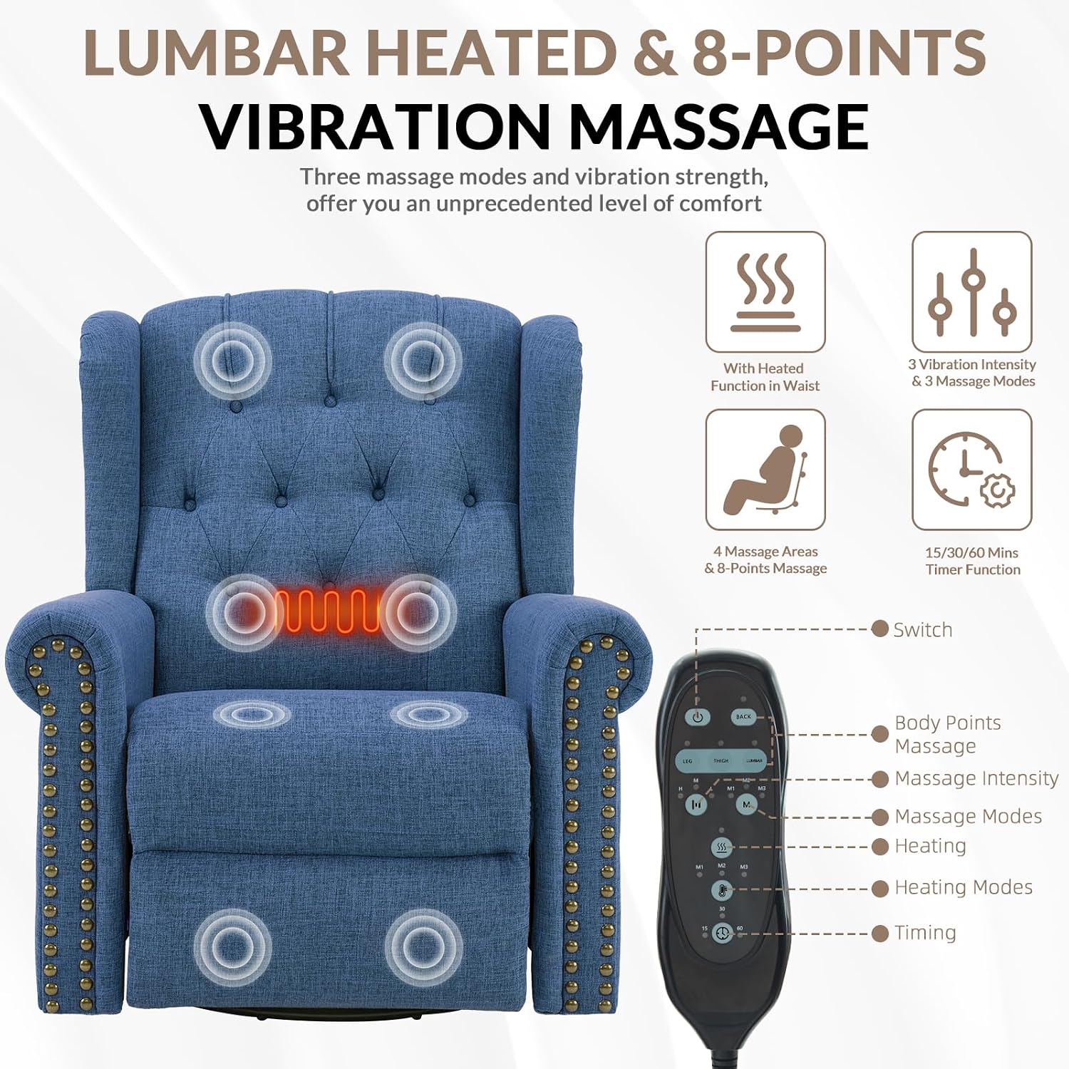Power Swivel Rocking Glider Recliner Chair with Massage and Heat, Electric Nursery Glider Rocker for Living Room, Wingback Tufted Upholstered Recliner Chair with Type-C & USB Ports, Blue
