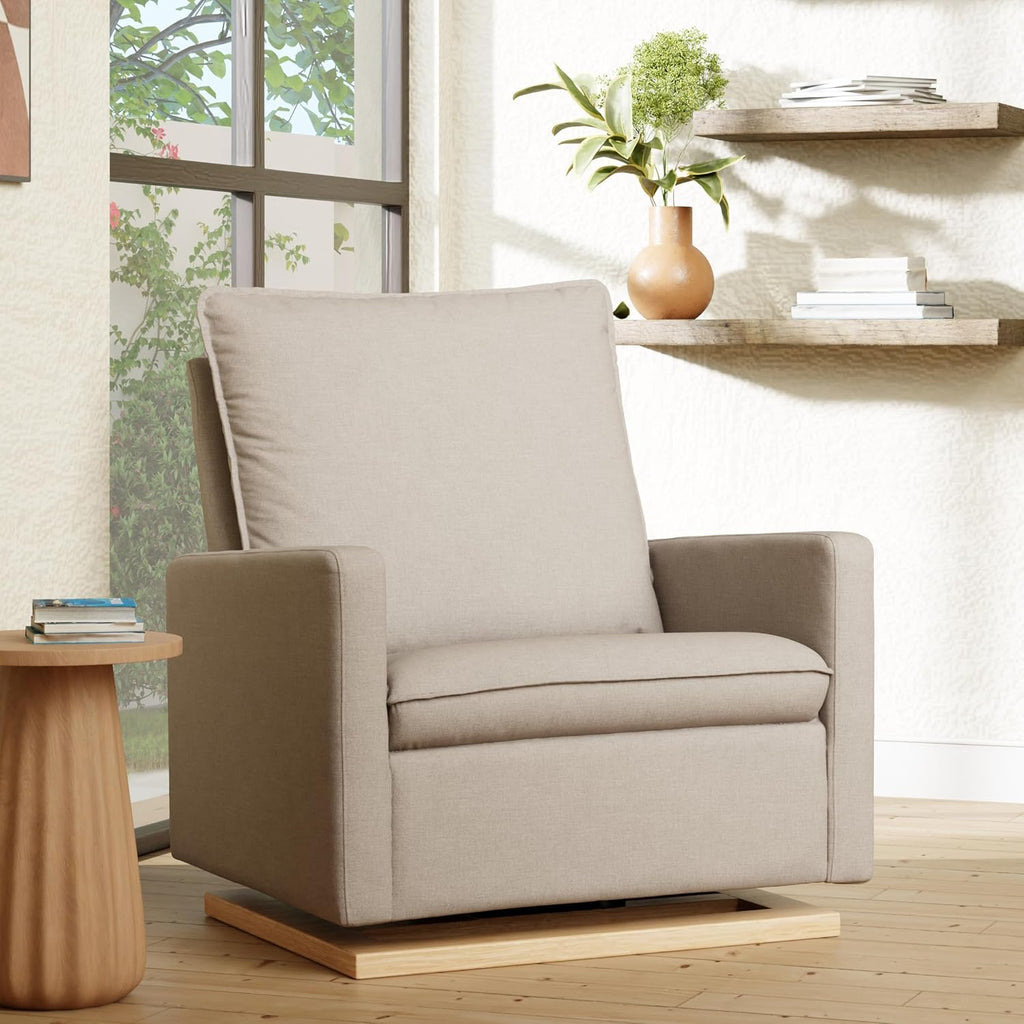 Babyletto Cali Pillowback Chair and a Half Glider in Performance Beach Eco-Weave with Light Wood Base, Water Repellent & Stain Resistant, Greenguard Gold and CertiPUR-US Certified