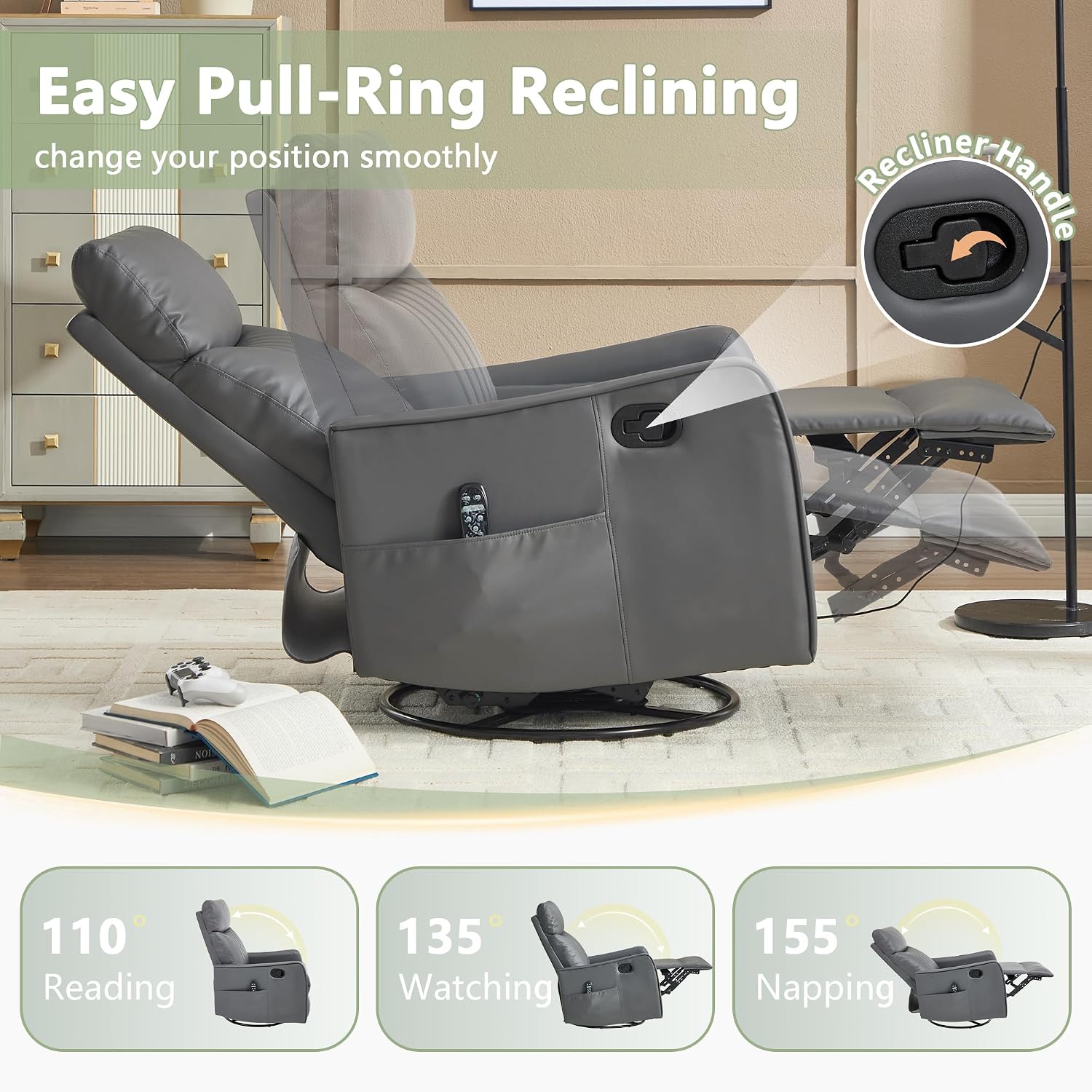 cinkehome Heated Massage Swivel Rocker Recliner Chair for Nursery - Small Space Reclining Chair with Lumbar Support, 360° Swivel & Gentle Rocking, Ergonomic High Back Faux Leather Gray