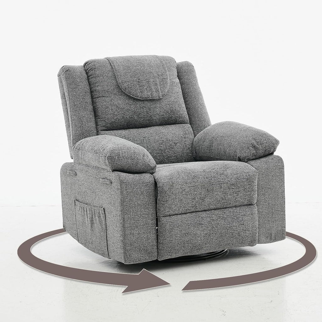 Oversized Rocking Nursery Glider Recliner Chair,360° Swivel Rock Recliner Chairs Single Sofa with Vibration Massage and Heating for Living Room/Bedroom,Grey