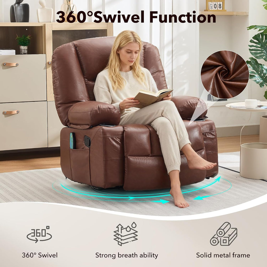 Rocker Recliner Chair with Heat and Massage,Nursery Recliner 360° Swivel Oversized Chairs for Adults,PU Leathe Lazy Boy Single Sofa Seat with 3 Positions, Side Pockets,Cup Holders for Living Room