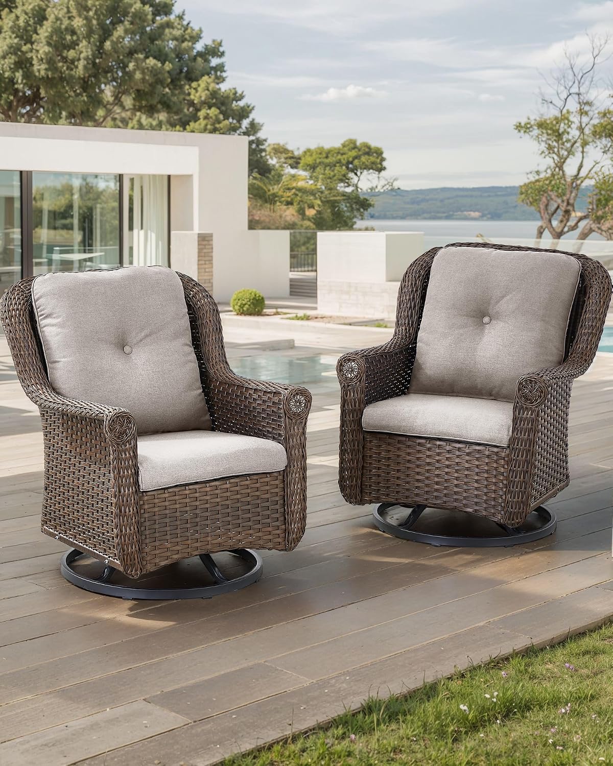 Patio Chairs Outdoor Swivel Glider - Set of 2 High Back Outside Brown Wicker Rattan Rocking Chair with Thick Cushion for Porch Apartment Deck Yard Poolside Garden - Beige