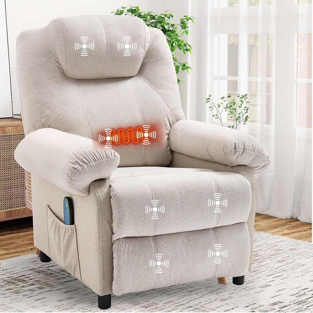 Overstuffed Push Back Recliner Chair for Living Room, Mid Century Fabric Heated Massaging Reclining Chair Small Manual Recliner Chair with Heat and Massage, White