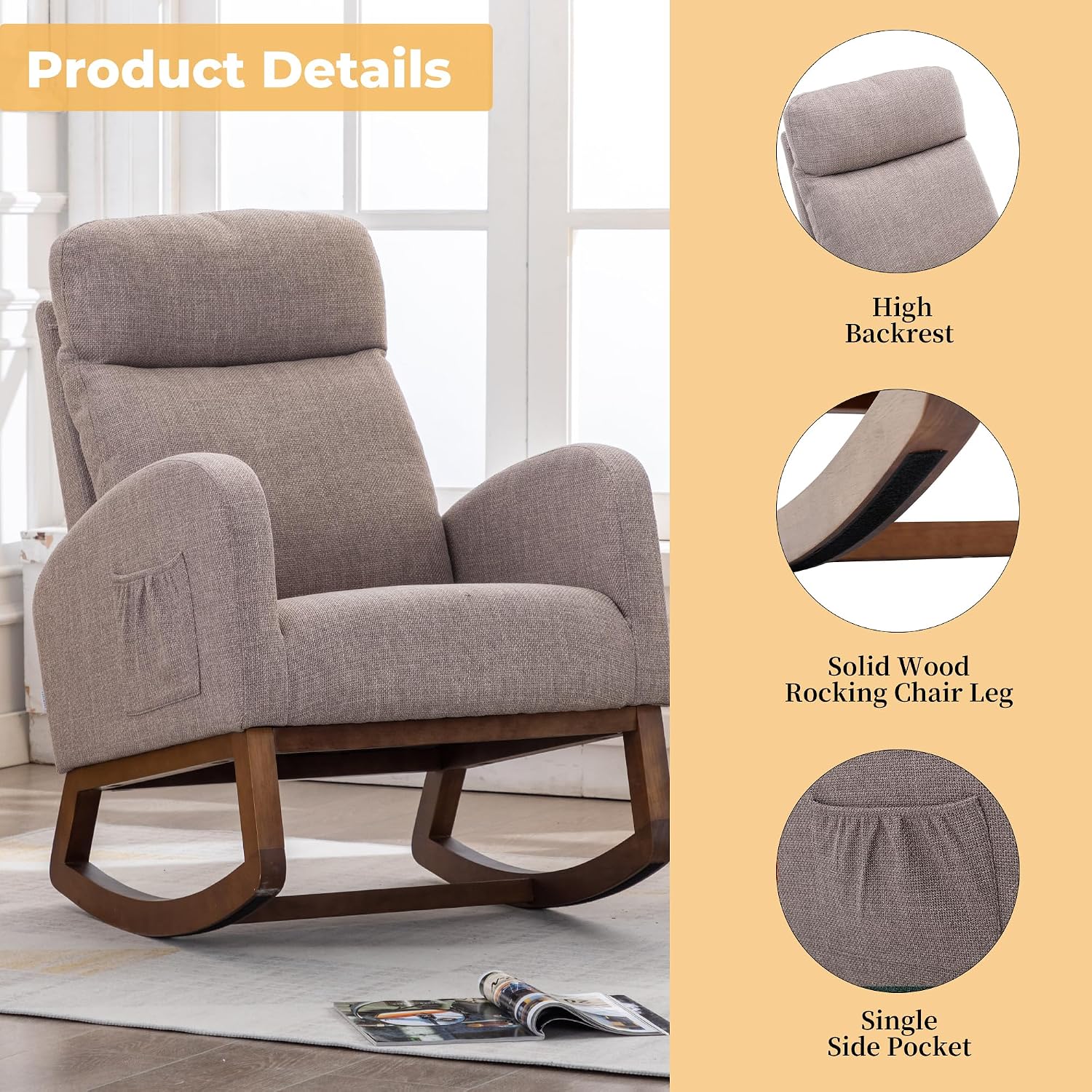 Modern Rocking Chair with Breathable Yellow Linen & Solid Wood Legs - Recliner Glider Armchair Featuring Side Pocket, High Back Support for Nursery, Living Room, Bedroom (Grey)