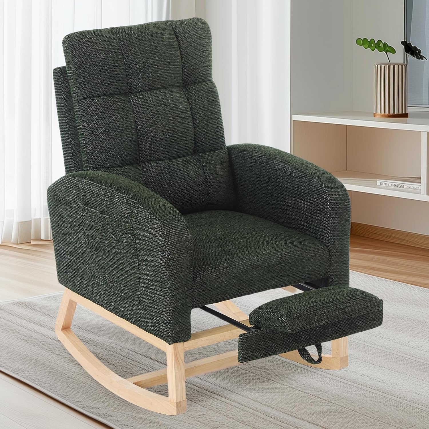 Nursery Rocking Chair, Polyester Upholstered Glider Chair with Footrest, Comfy Rocker Chair, Accent Chair with High Backrest, Glider Rocker, Armchair for Living Room (Dark Green Linen)