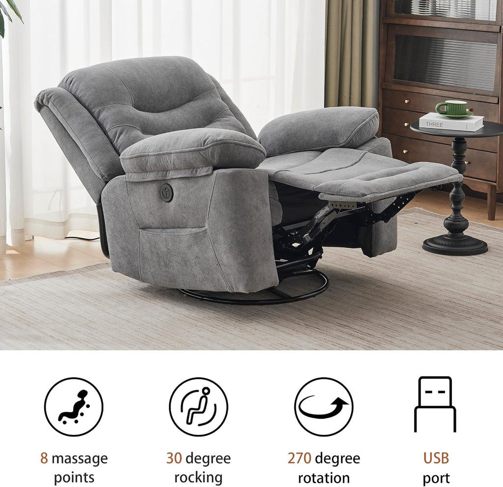 Ketaiyou Power Swivel Rocker Recliner with Massage and Heat, USB Port, Infinite Position, Oversized Electric Glider Rocking Chairs Living Room, Soft Fabric Reclining Sofa Chair(Misty Gray)