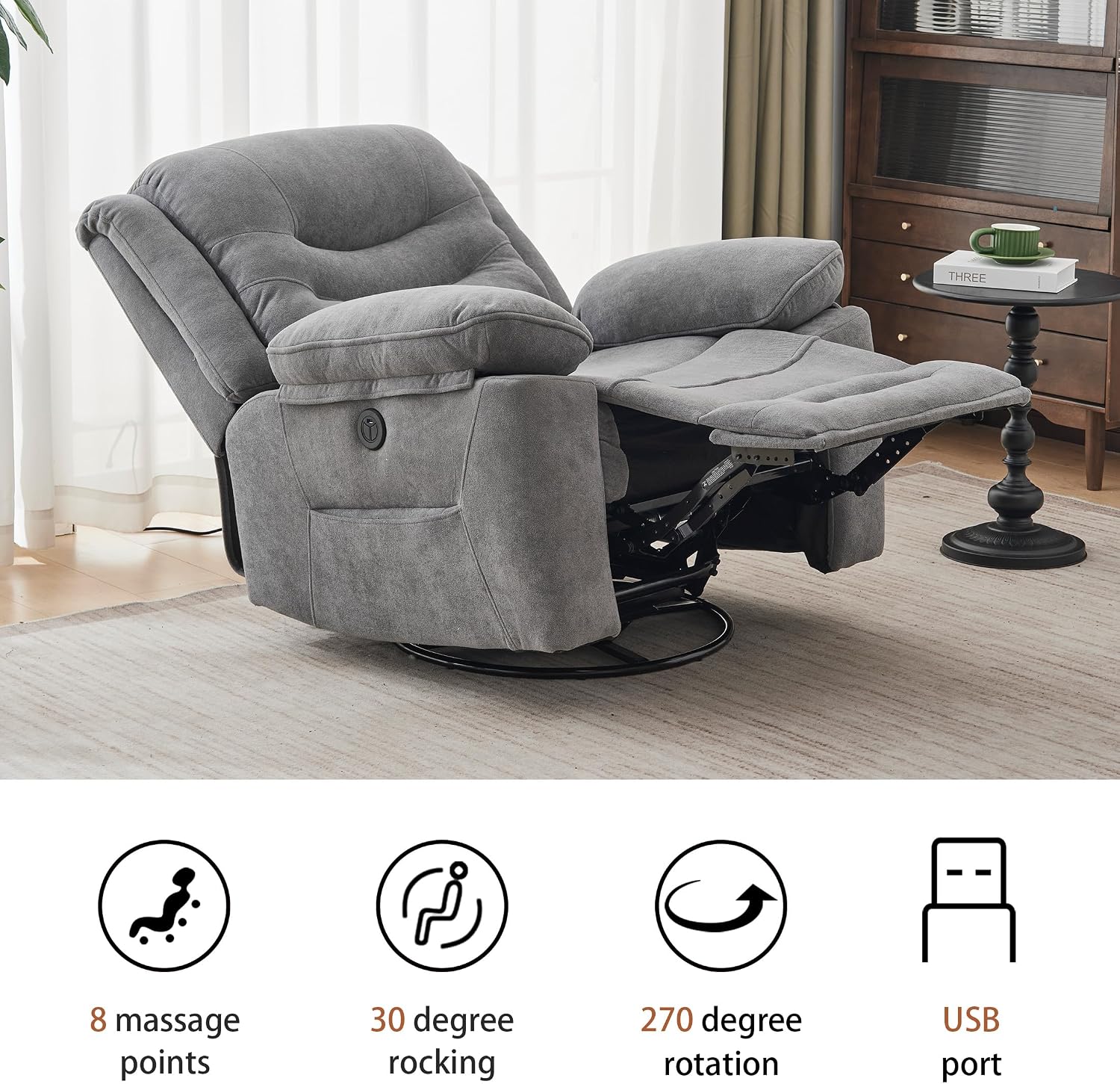 Ketaiyou Power Swivel Rocker Recliner with Massage and Heat, USB Port, Infinite Position, Oversized Electric Glider Rocking Chairs Living Room, Soft Fabric Reclining Sofa Chair(Misty Gray)