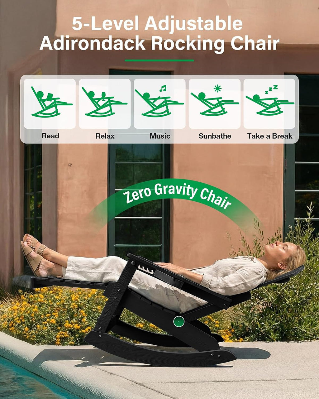 YEFU Rocking Chairs Outdoor Set of 4, Adirondack Chairs with Retractable Ottoman, Adjustable Adirondack Rocking Chair,Rockings Chair Outside,Weather Resistant,for Patio,Porch,Lawn,Heavy Duty,Black