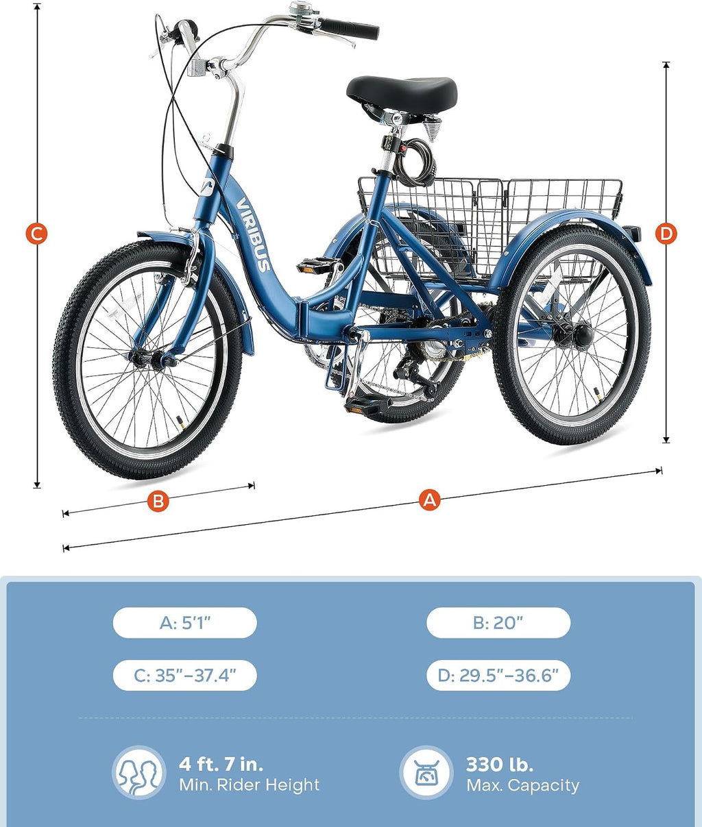 VIRIBUS Folding Tricycle for Adults, 20 inch Foldable Adult Tricycle 1 or 7 Speed Speed with Basket, Folding 3 Wheel Bikes for Adults Senior Women Men, Collapsible Mini Trike, Three Wheeler 330lb.