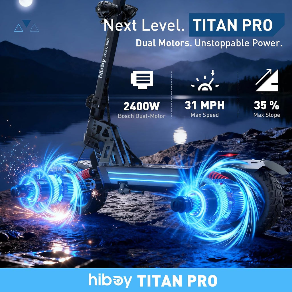 Hiboy Titan Series Electric Scooter, Up to 46–80 Miles Range, 1200W–2400W Motor, 25–31 MPH, 10' All-Terrain Tires, Dual Suspension, Electric Scooter for Adults with Phone Holder