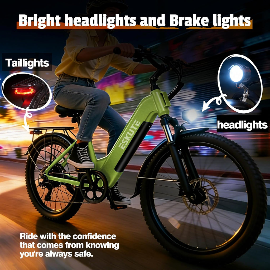 ESKUTE Electric Bike for Adults-1300w Peak Ebike, 28MPH Step Thru Electric Bicycle，70Miles 840 WH Removable Battery e-Bike, 7-Speed 26'' tire, Adjustable Stem,