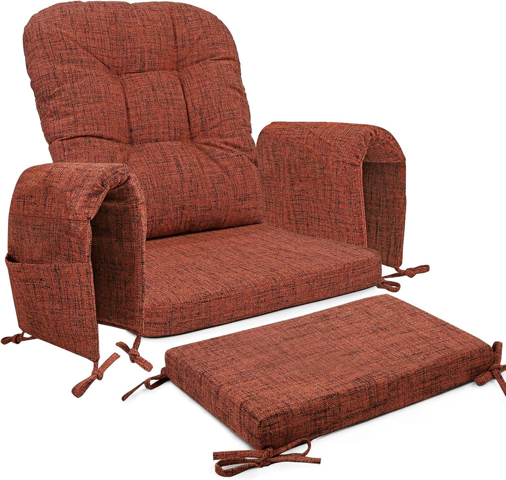SINOSSO Glider Rocker Cushion Set (5 Pcs), Soft Blended Fabric High-Density Support Foam Seat Cushions with Ties, Fits Rocking Chair/Nursery Glider & Ottoman, Red