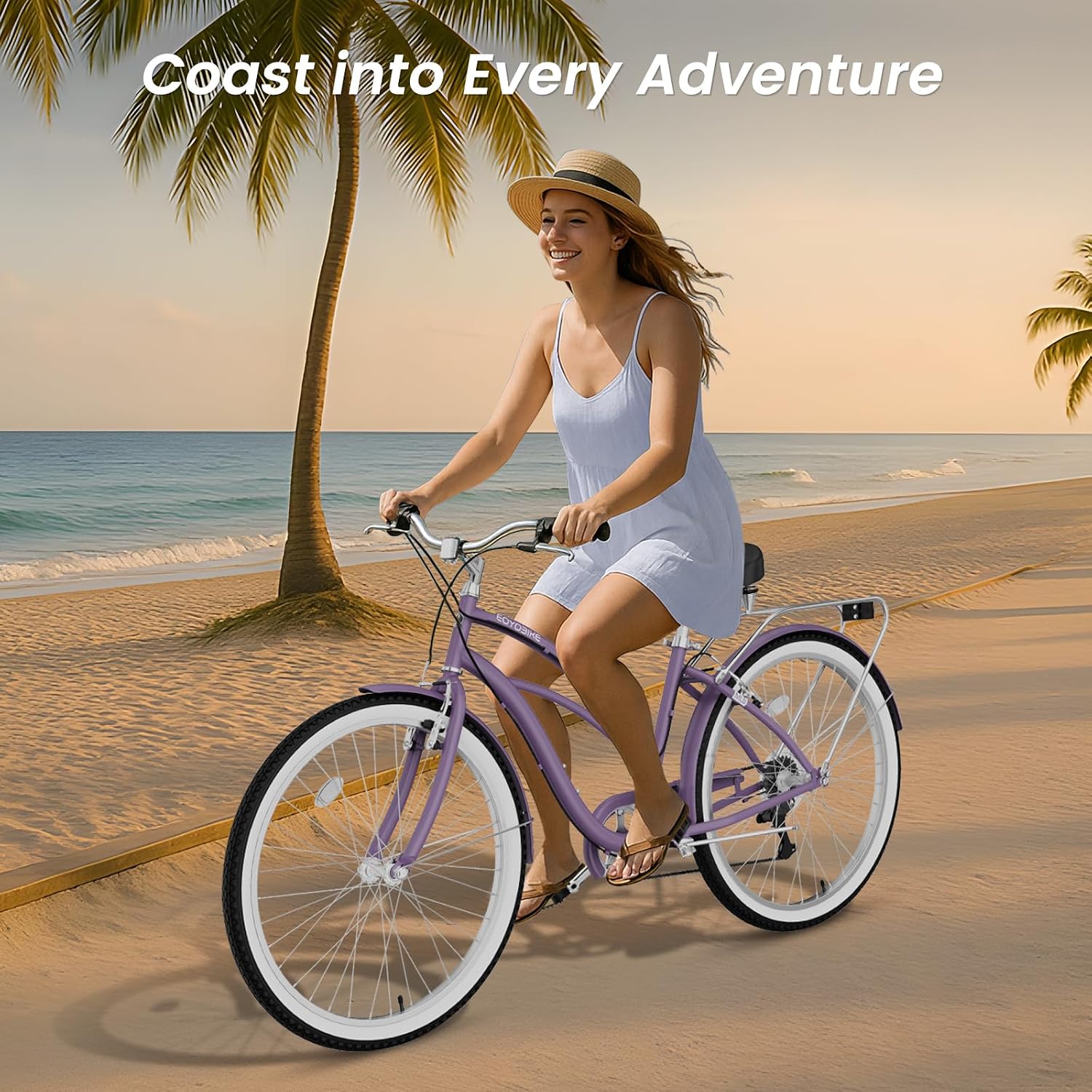 Cruiser Bike for Adults, 7-Speed Beach Cruiser Bicycle, 24/26 Inch Step-Through or High-Bar Frame, Comfort City Commuter Bike with Rear Rack, Fenders, Wide Saddle for Women & Men