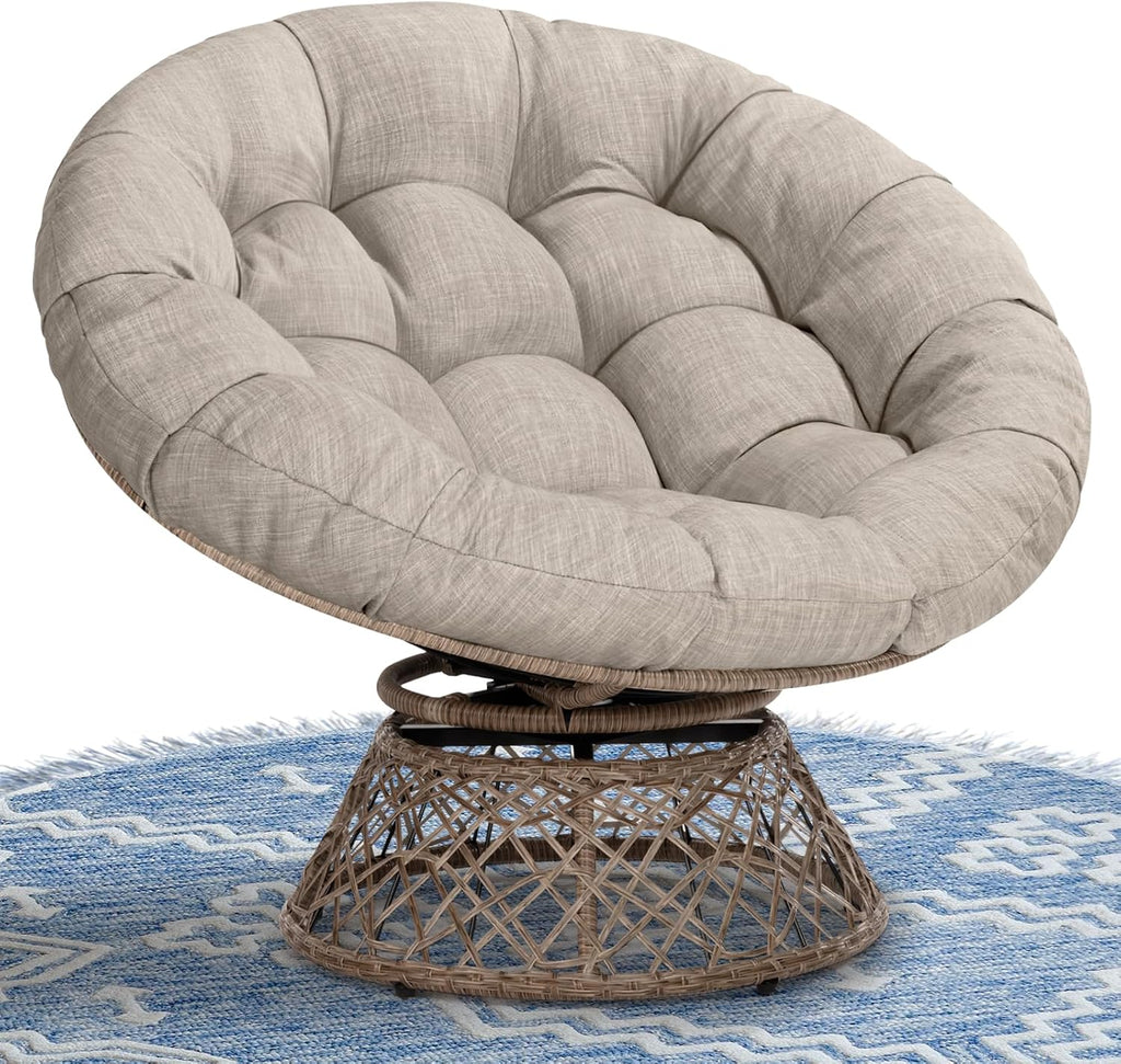 Bme 40' Ergonomic Wicker Papasan Chair with Soft Thick Density Fabric Cushion, High Capacity Steel Frame, 360 Degree Swivel for Living, Bedroom, Reading Room, Lounge, Silver Cloud - Brown Base