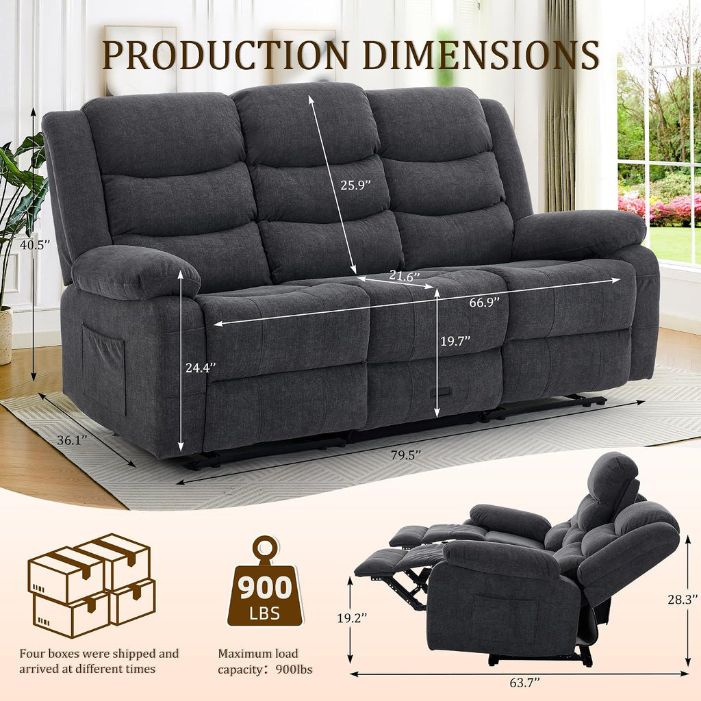 Korser Recliner Sofa, Reclining Loveseat with Console, Oversized Reclining Couch with Drop Down Table, 3-Seater Sofa with Cup Holder and Recessed Power Strip, Grey