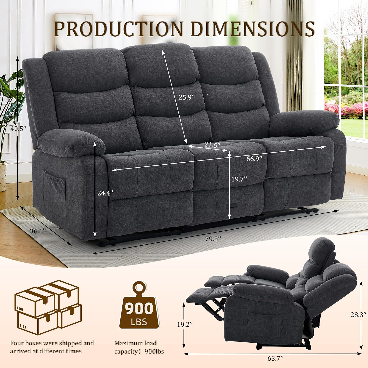 Korser Recliner Sofa, Reclining Loveseat with Console, Oversized Reclining Couch with Drop Down Table, 3-Seater Sofa with Cup Holder and Recessed Power Strip, Grey