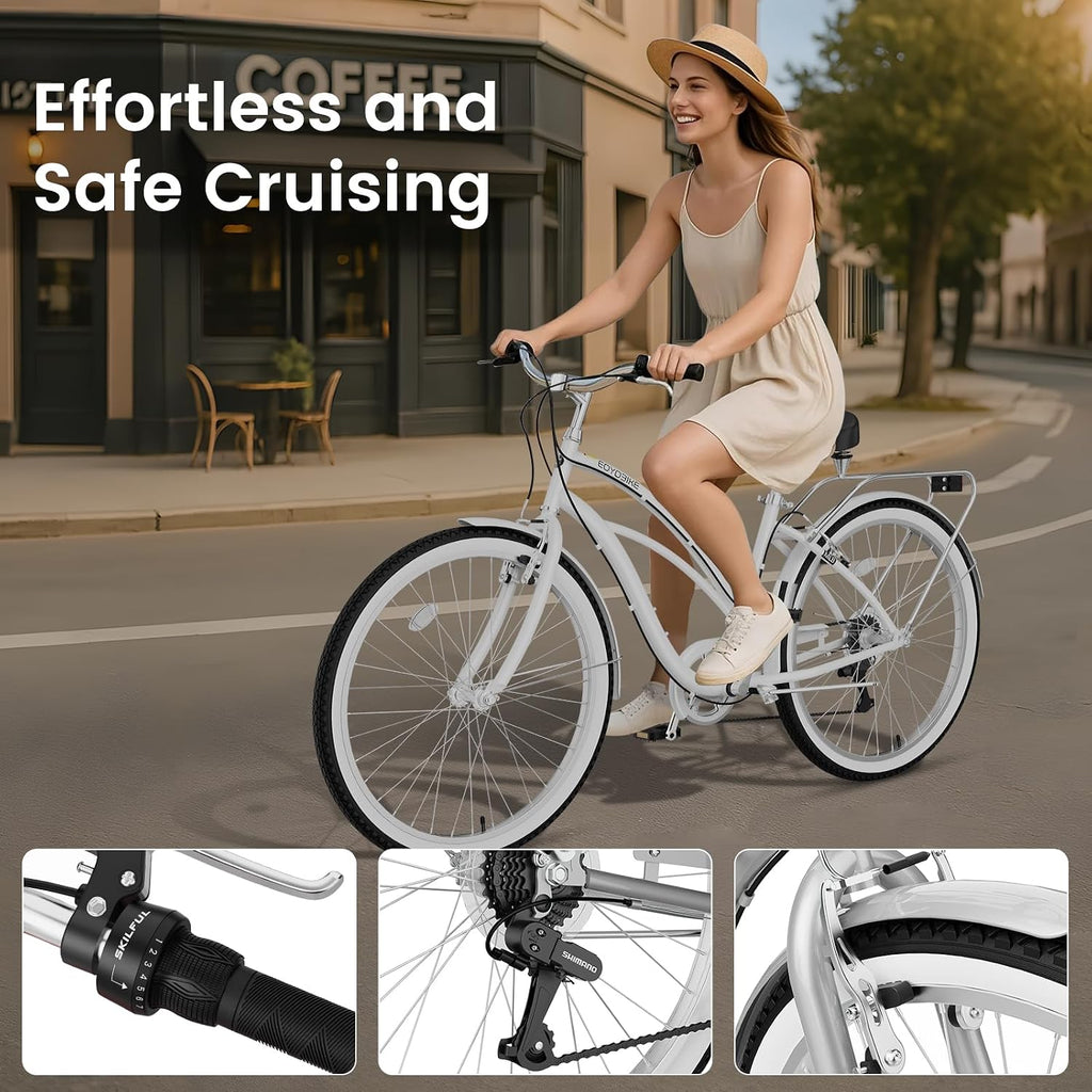 Cruiser Bike for Adults, 7-Speed Beach Cruiser Bicycle, 24/26 Inch Step-Through or High-Bar Frame, Comfort City Commuter Bike with Rear Rack, Fenders, Wide Saddle for Women & Men