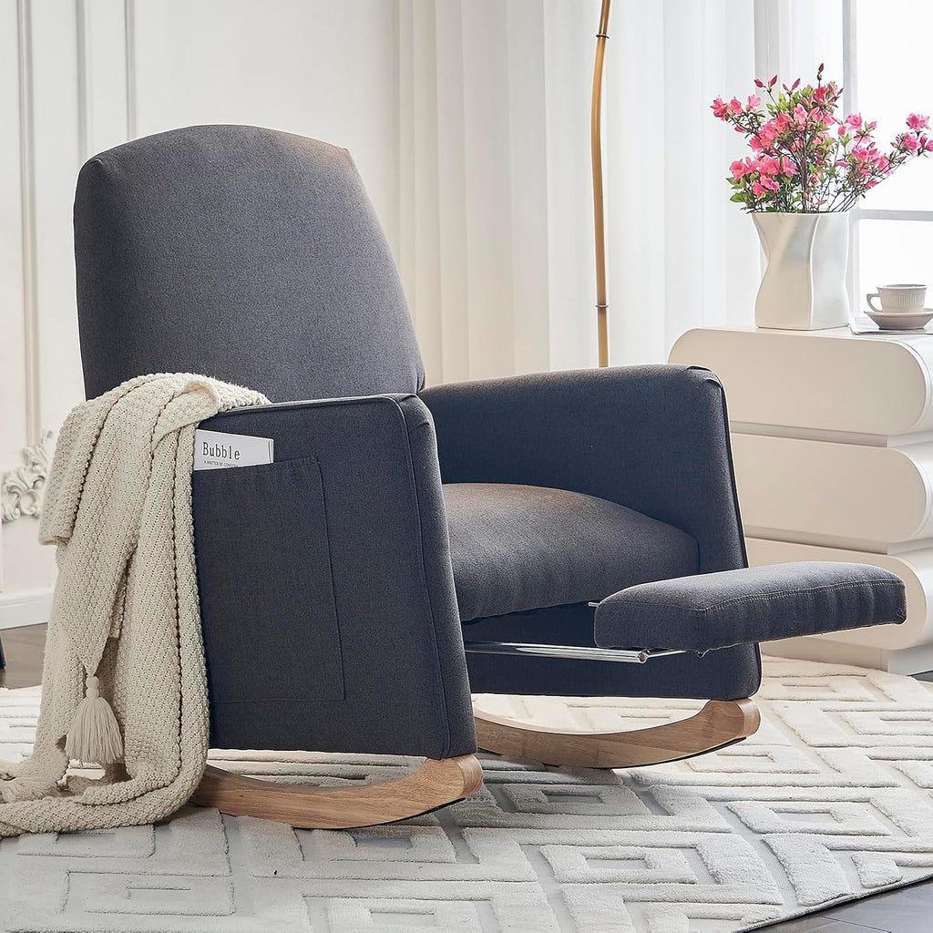 Rocking Chair Nursery with Foot Rest, Nursing Rocking Chair with High Backrest, Glider Rocker Chair for Living Room, Bedroom, Nursery(Cotton Linen Dark Gray)