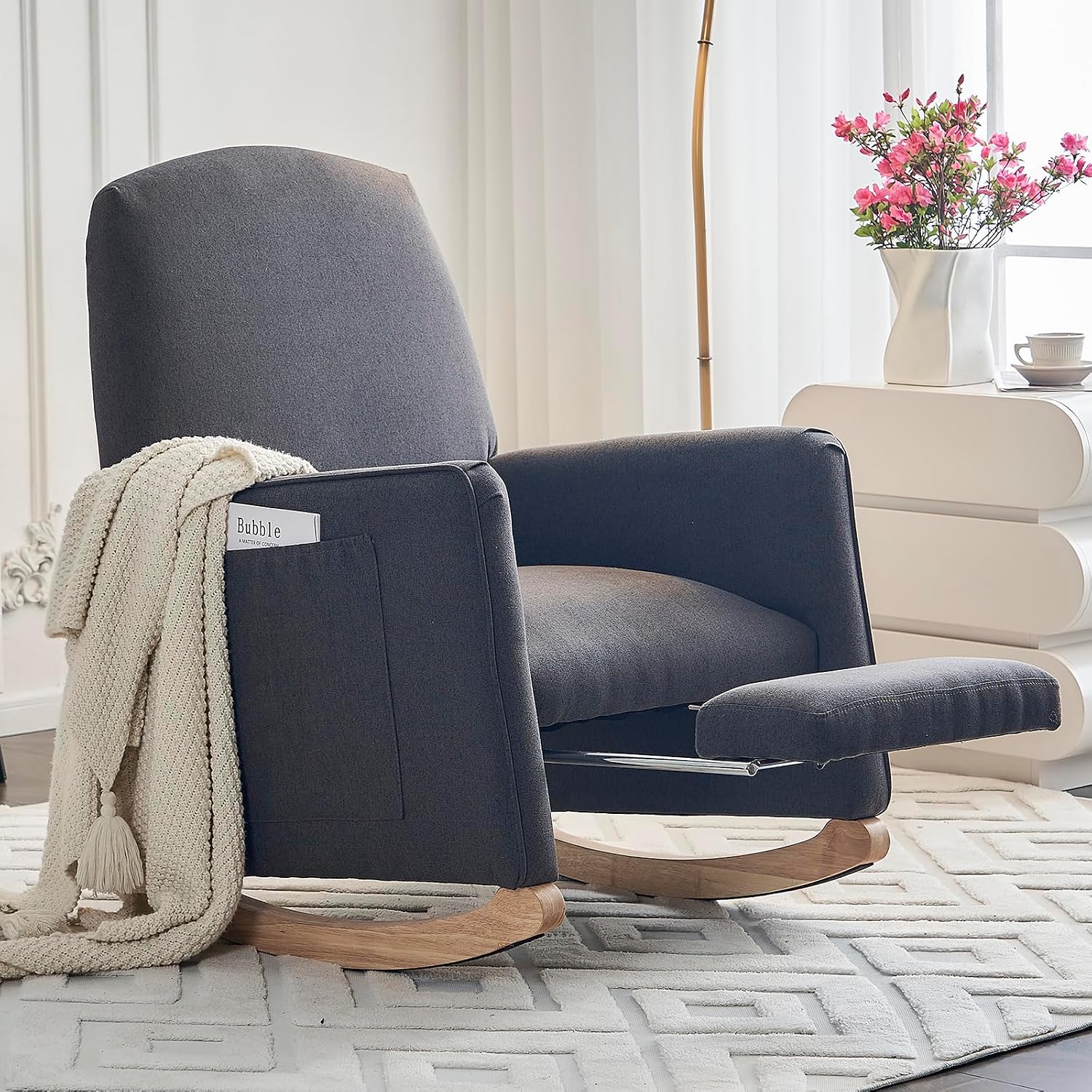 Rocking Chair Nursery with Foot Rest, Nursing Rocking Chair with High Backrest, Glider Rocker Chair for Living Room, Bedroom, Nursery(Cotton Linen Dark Gray)