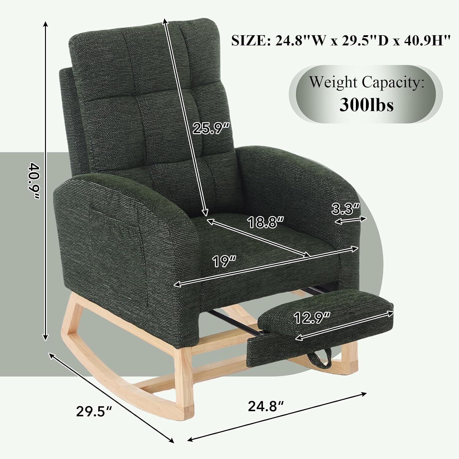 Nursery Rocking Chair, Polyester Upholstered Glider Chair with Footrest, Comfy Rocker Chair, Accent Chair with High Backrest, Glider Rocker, Armchair for Living Room (Dark Green Linen)