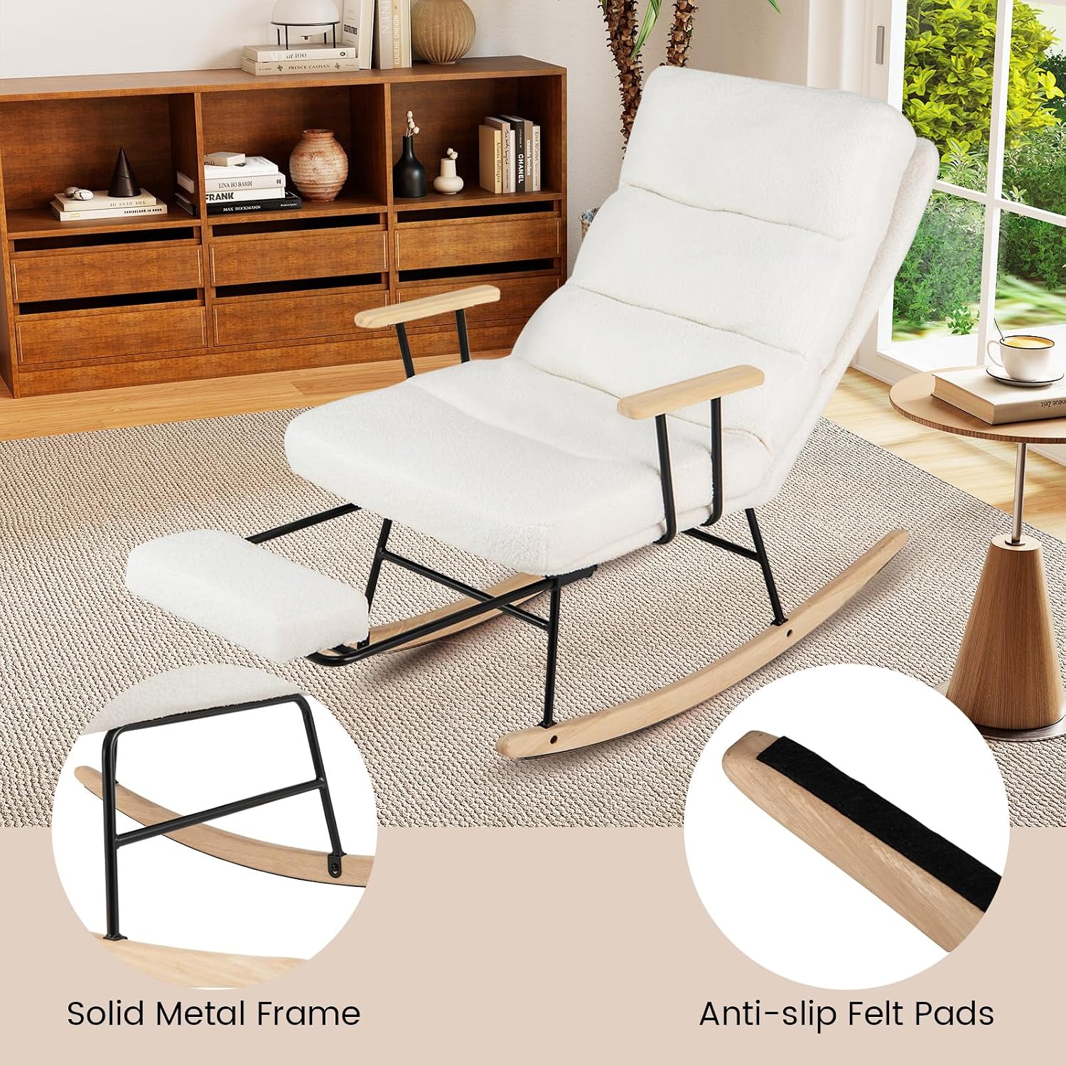 Giantex Rocking Chair Nursery, Teddy Upholstered Rocker Chair w/ 5-level Adjustable Backrest & Retractable Footrest, Rubber Wood Legs & Felt Foot Pads, Modern Accent Chair for Living Room, Bedroom (1)