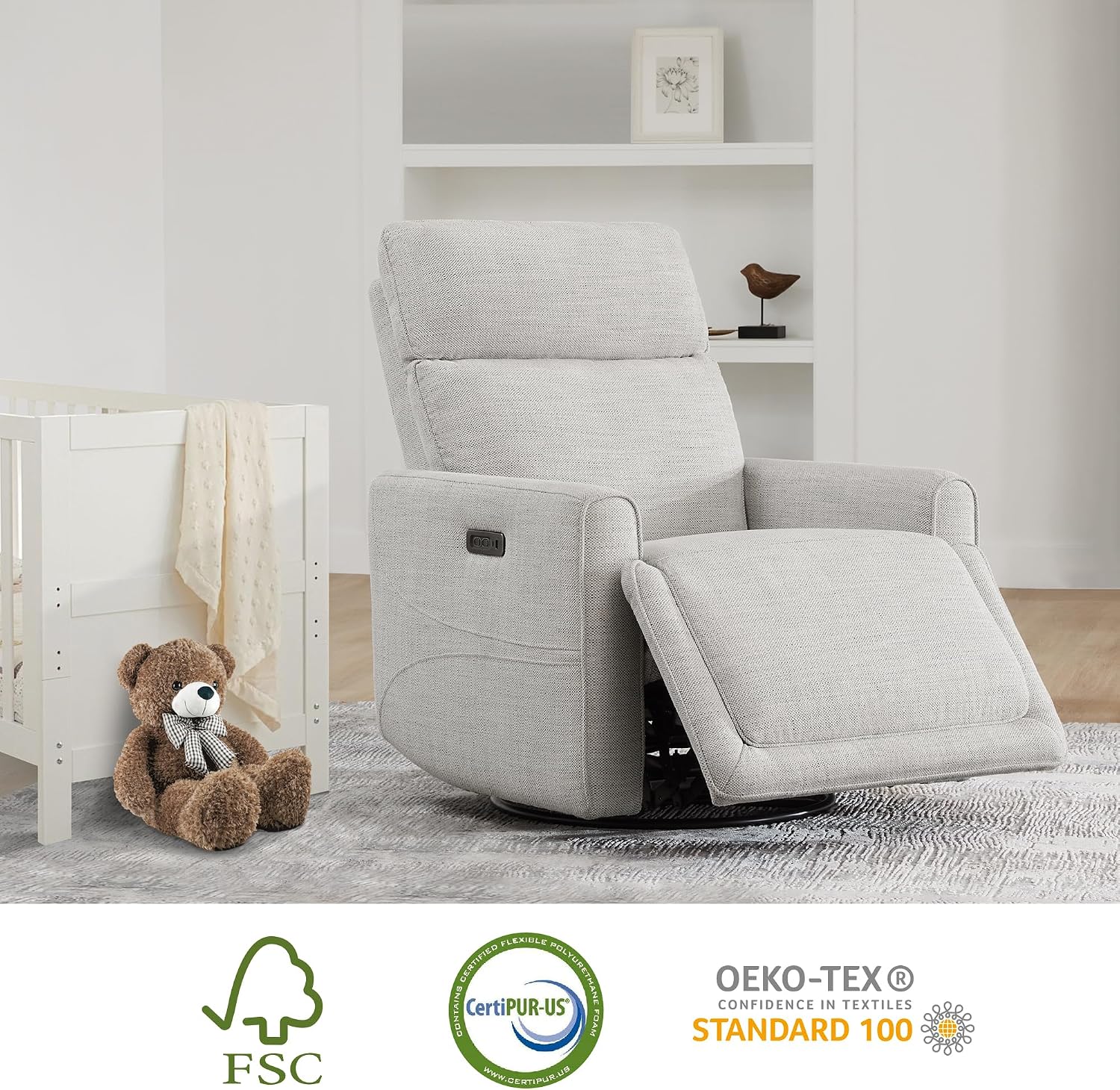 CHITA Power Recliner Chair Swivel Glider with Adjustable Power Headrest, FSC Certified Electronic Modern Nursery Rocking Chair with USB and Type-C Ports, Ivory