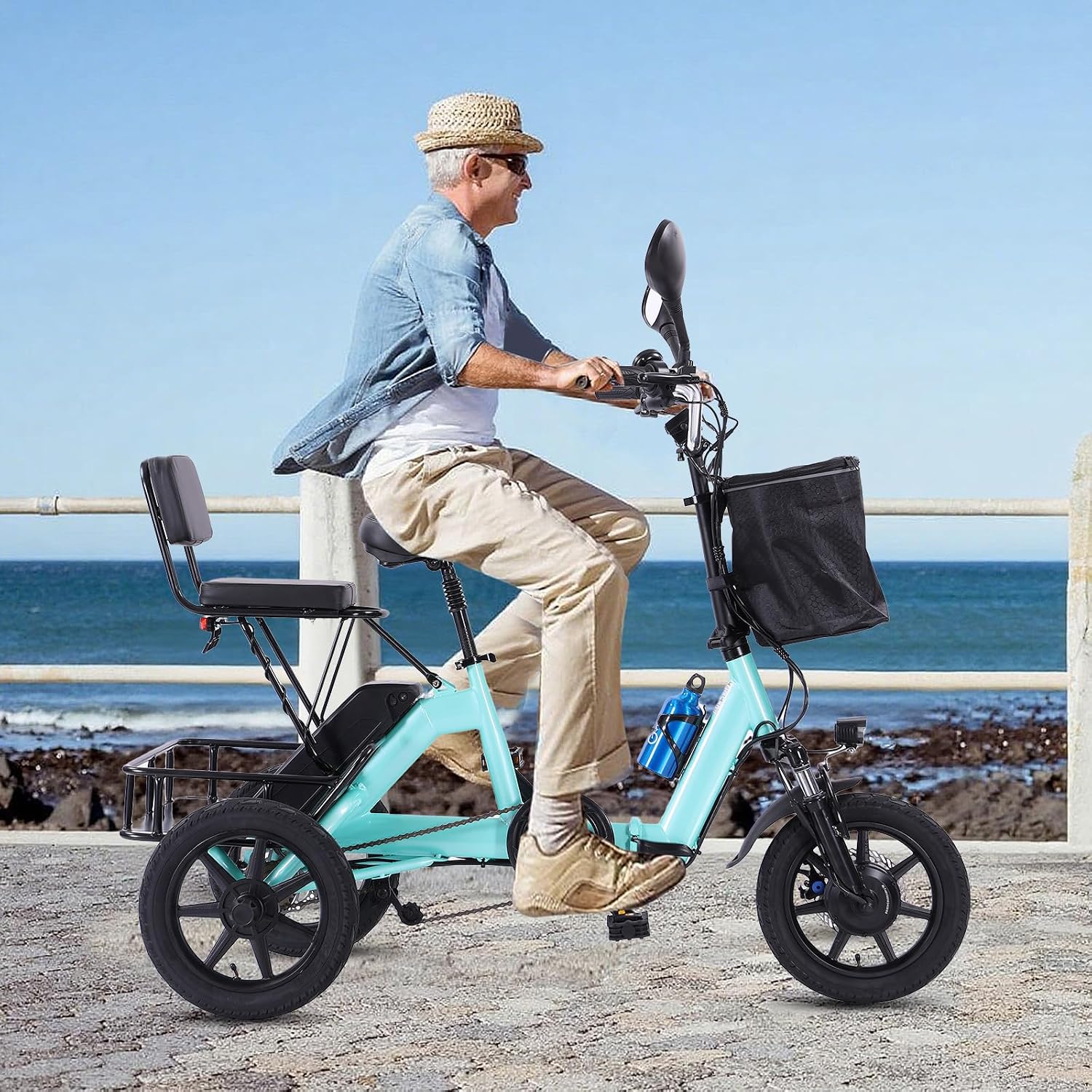 E Trike Electric Bike, 350W(Peak 500W) Brushless Motor Folding Trike, 2 Seats Ebike, 480Wh Removable Battery, Step-Thru 3 Wheel Electric Bicycle, Up to 45 Miles, Tricycle for Adults Parents