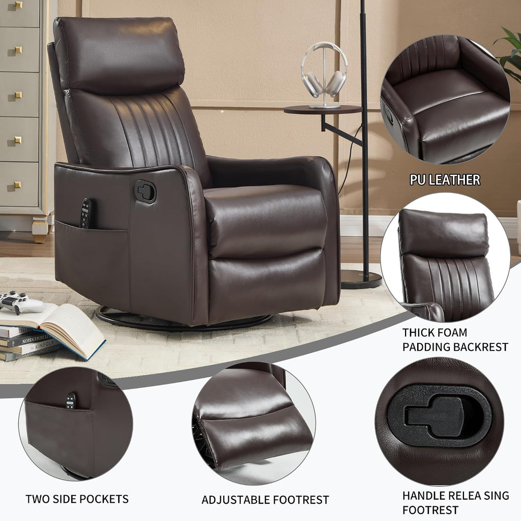 Manual Swivel Rocker Recliner Chair for Adults, Overstuffed Reclining Glider Chair for Nursing with Vibration Massage & Heat, Living Room Rocking Recliner 2-Stage backrest, Faux Leather Dark Brown