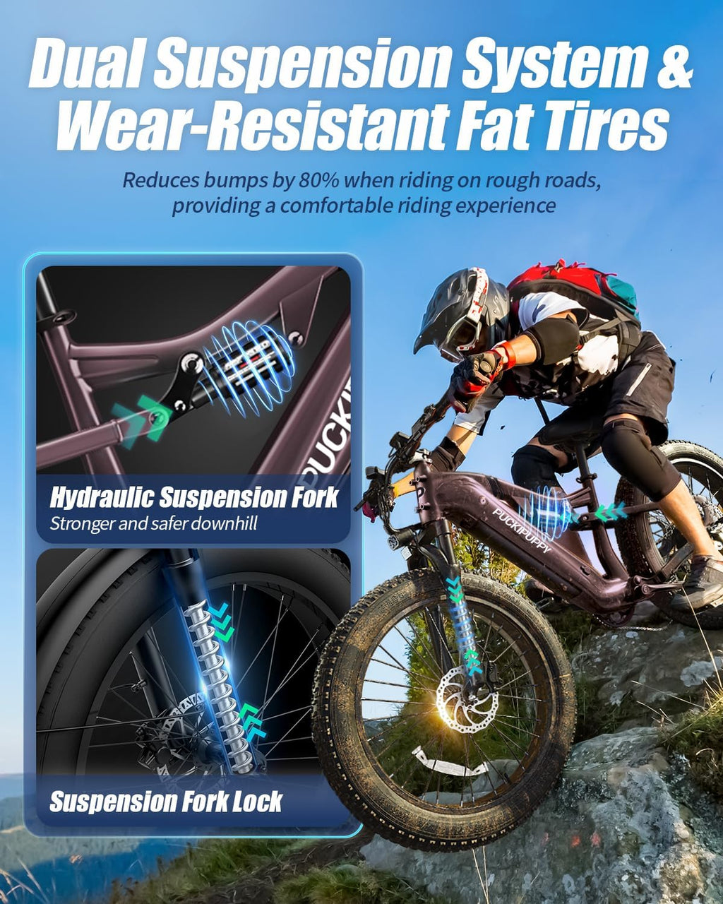 PUCKIPUPPY Electric Bike for Adults 1350W Peak, 28 MPH, 48V 20AH Battery Ebike, 26'x4' Fat Tire Full Suspension Electric Mountain Bike, 80 Miles Range, 8 Speed, Torque Sensor Labrador Pro