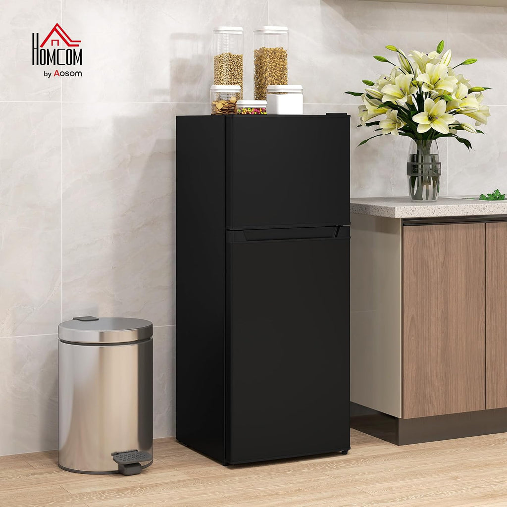 HOMCOM 4 Cu.Ft Mini Fridge with Freezer, Double Door Compact Refrigerator with Adjustable Thermostat, Shelf and Reversible Door for Bedroom, Dorm, Home Office, Energy Efficient, Black