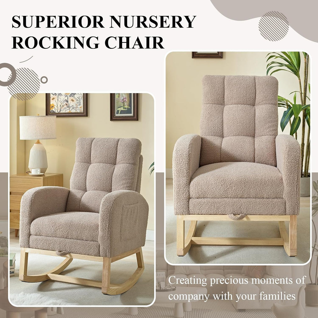 Nursery Rocking Chair, Polyester Upholstered Glider Chair with Footrest, Comfy Rocker Chair, Accent Chair with High Backrest, Glider Rocker, Armchair for Living Room (Brown Teddy)