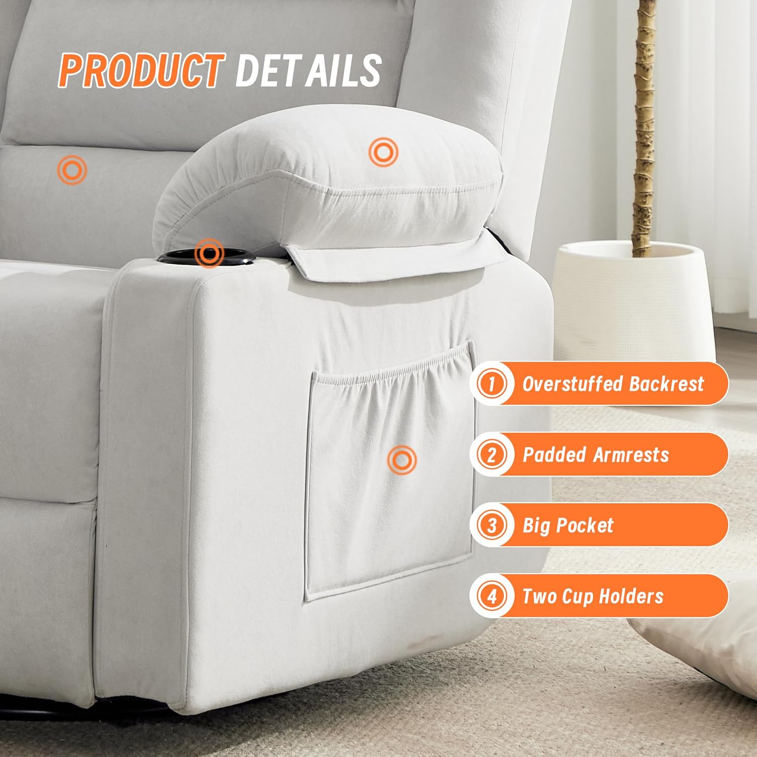 360°Swivel Rocker Recliner Chair for Adults,Manual Glider Recliner Sofa with Massage and Heating, Nursery Rocking Chairs with Cup Holds for Living Room Bedroom (Beige)