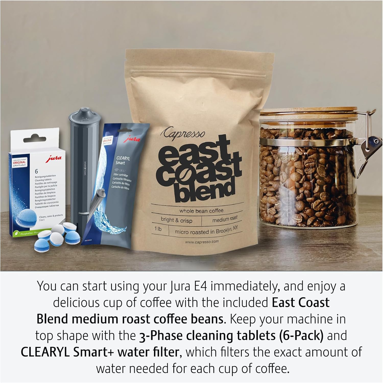 Jura E4 Automatic Coffee Machine (Piano White) with CLEARYL Smart+ Water Filtration, 6 Cleaning Tablets and East Coast Blend Whole Bean Coffee (4 Items)