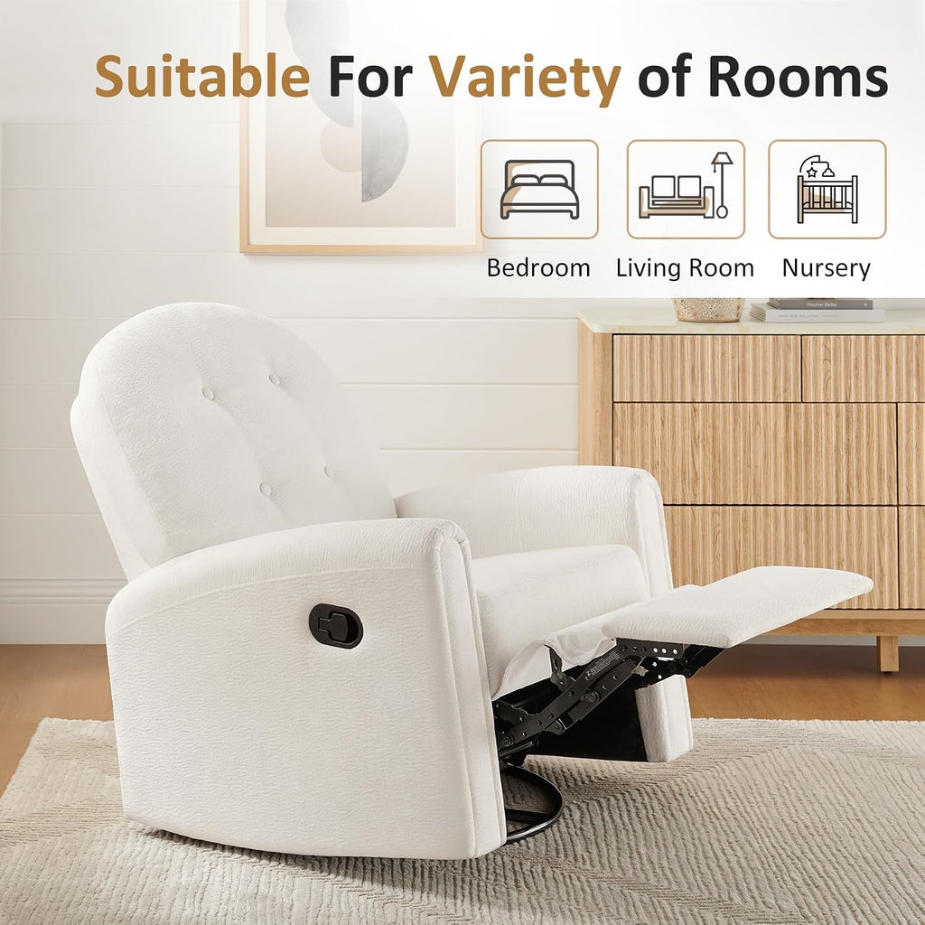 VANOMi 360 Swivel Rocker Recliner Chair, Nursery Rocking Chair with Tufted Backrest, Manual Recliner Chairs for Small Spaces, Upholstered Glider Nursing Chair for Living Room, Bedroom (White)