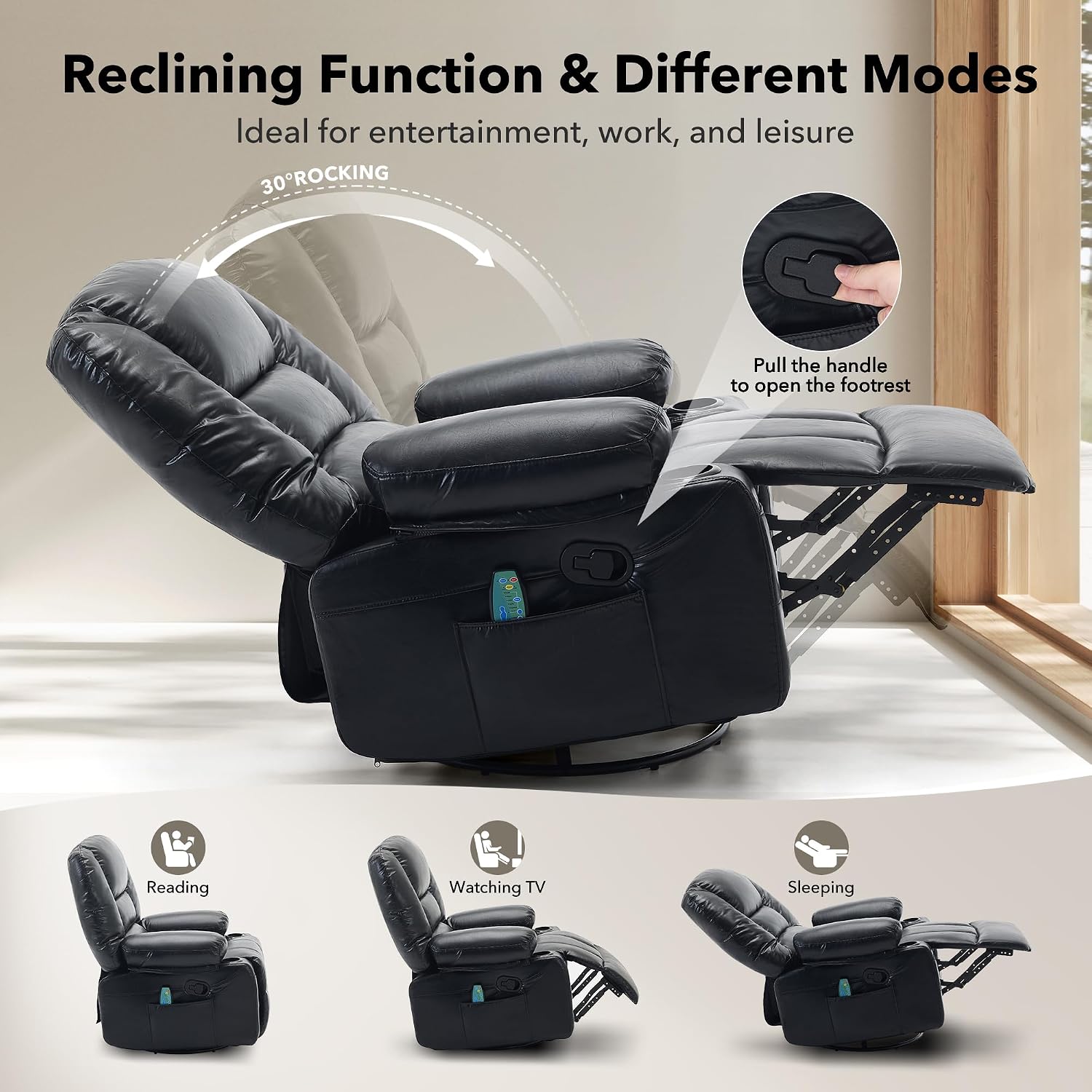 Rocker Recliner Chair with Heat and Massage,Nursery Recliner 360° Swivel Oversized Chairs for Adults,PU Leathe Lazy Boy Single Sofa Seat with 3 Positions, Side Pockets,Cup Holders for Living Room