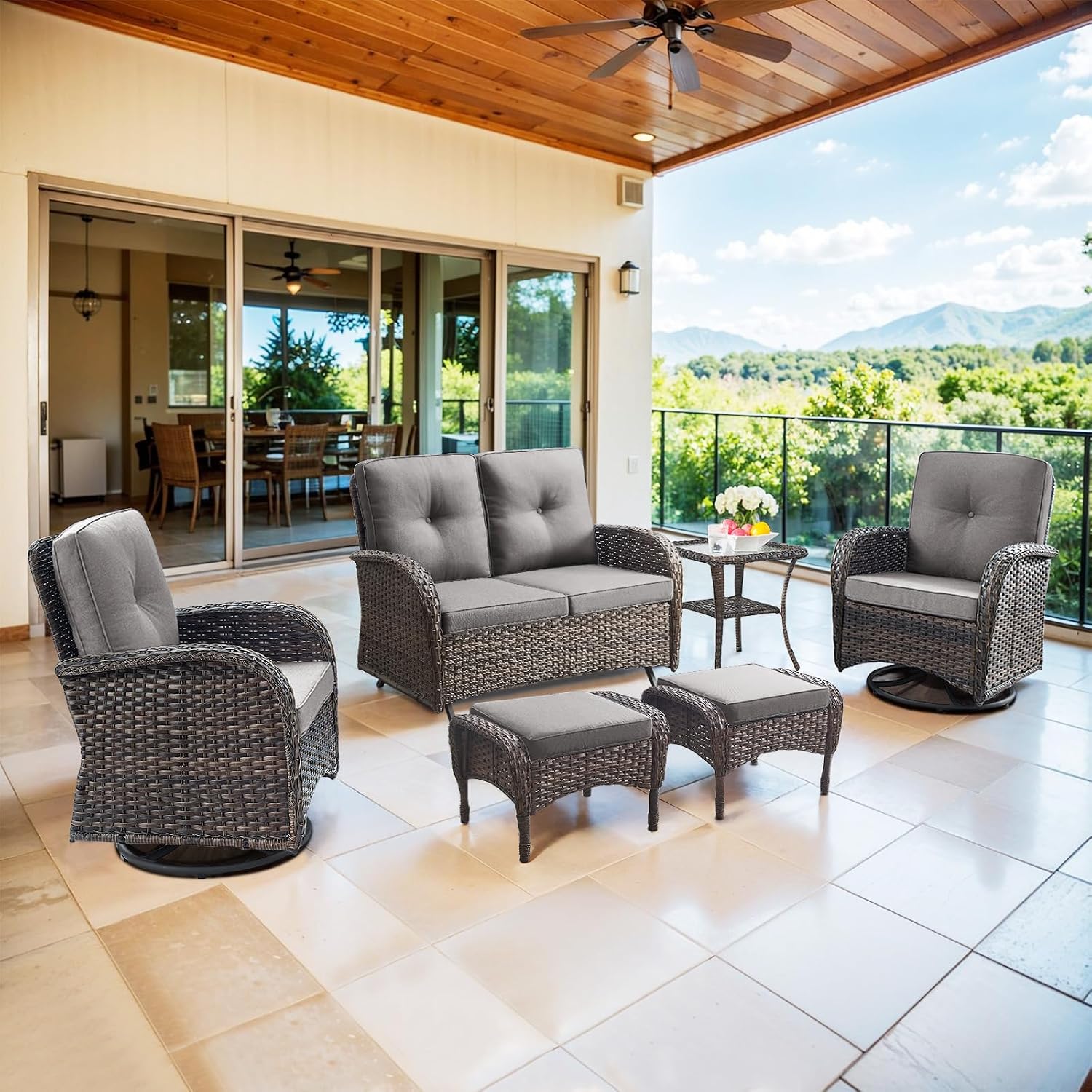 Belord 6 Piece Patio Conversation Sets - Wicker Patio Furniture Sets with Outdoor Swivel Rocker Chairs, Glider Loveseat Perfect for Patio Deck Backyard, Brown Wicker Grey Cushion