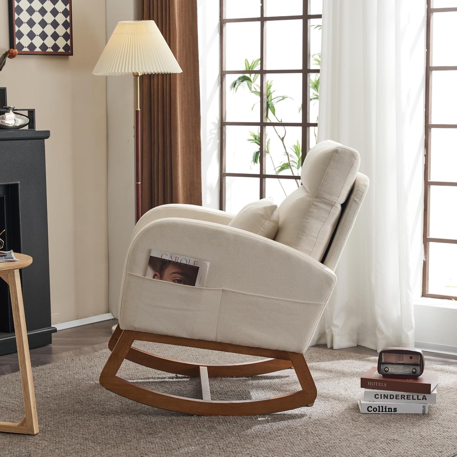 VINGLI Beige Linen Rocking Chair Nursery with Thick Headrest, Upholstered Mid-Century Modern Nursing Rocker Glider with Curved Armrest, Sturdy Solid Wood Base for Living Room, Bedroom, Baby Room