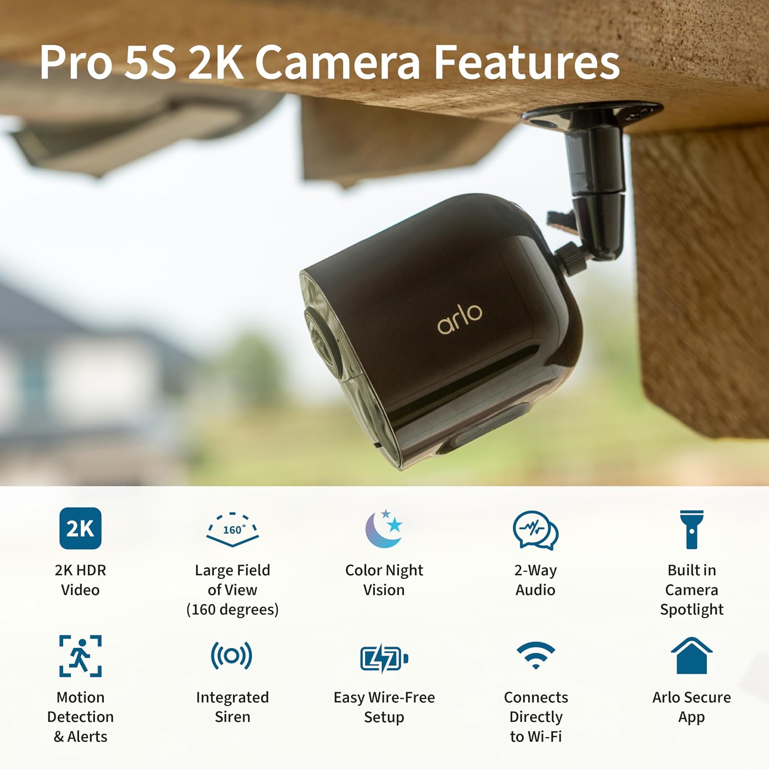 Arlo Pro Security Camera 2K HDR (5th Gen, 2022 Release) - Wireless Outdoor Camera, Rechargeable Removeable Battery, Event Captions, Emergency Response, 1-Month Trial of Secure Plan, 2 Cam, Black