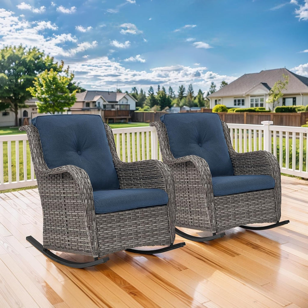 Patio Rocking Chairs Set of 2, Outdoor Gliders Patio Rockers, Wicker Outdoor Rocking Chairs for Porch, Deck, Yard, Sunroom, Garden, Grey Wicker/Blue Cushions