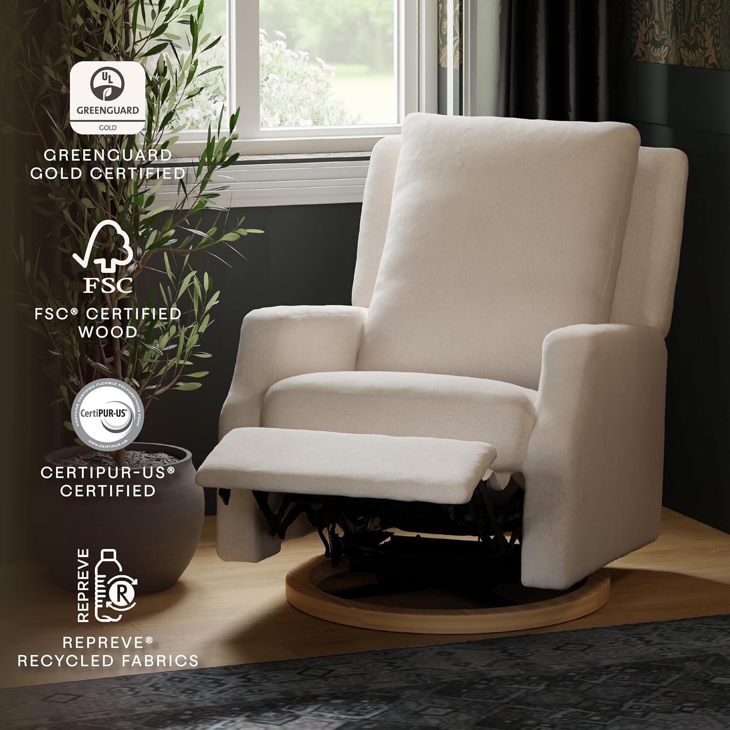 Namesake Crewe Glider Recliner Nursery Chair - GREENGUARD Gold & Certi-PUR US Certified Rocker Recliner - Glider Rocking Chair for Nursery & Living Room - Electronic, 270° Swivel, Performance Cream