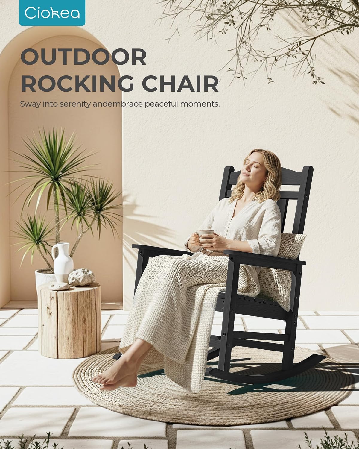 Ciokea Oversized Outdoor Rocking Chairs Set of 3, 380lbs Heavy-Duty Large Patio Rocker, High Back Cozy Porch Chairs, Weather Resistant Patio Rocking Chairs for Outside, Fire Pit, Deck, Black