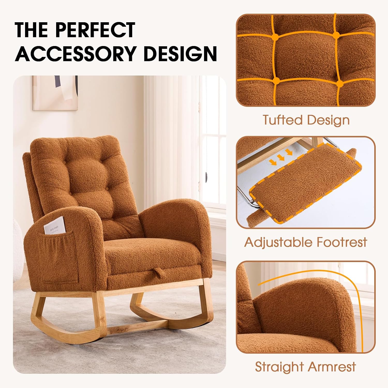 NIOIIKIT Rocking Chair Nursery, Teddy Upholstered Glider Chair with Footstool, Tufted Rocker Recliner Chair with Side Pocket, Comfy Glider Accent Chair for Living Room (Brown Teddy)