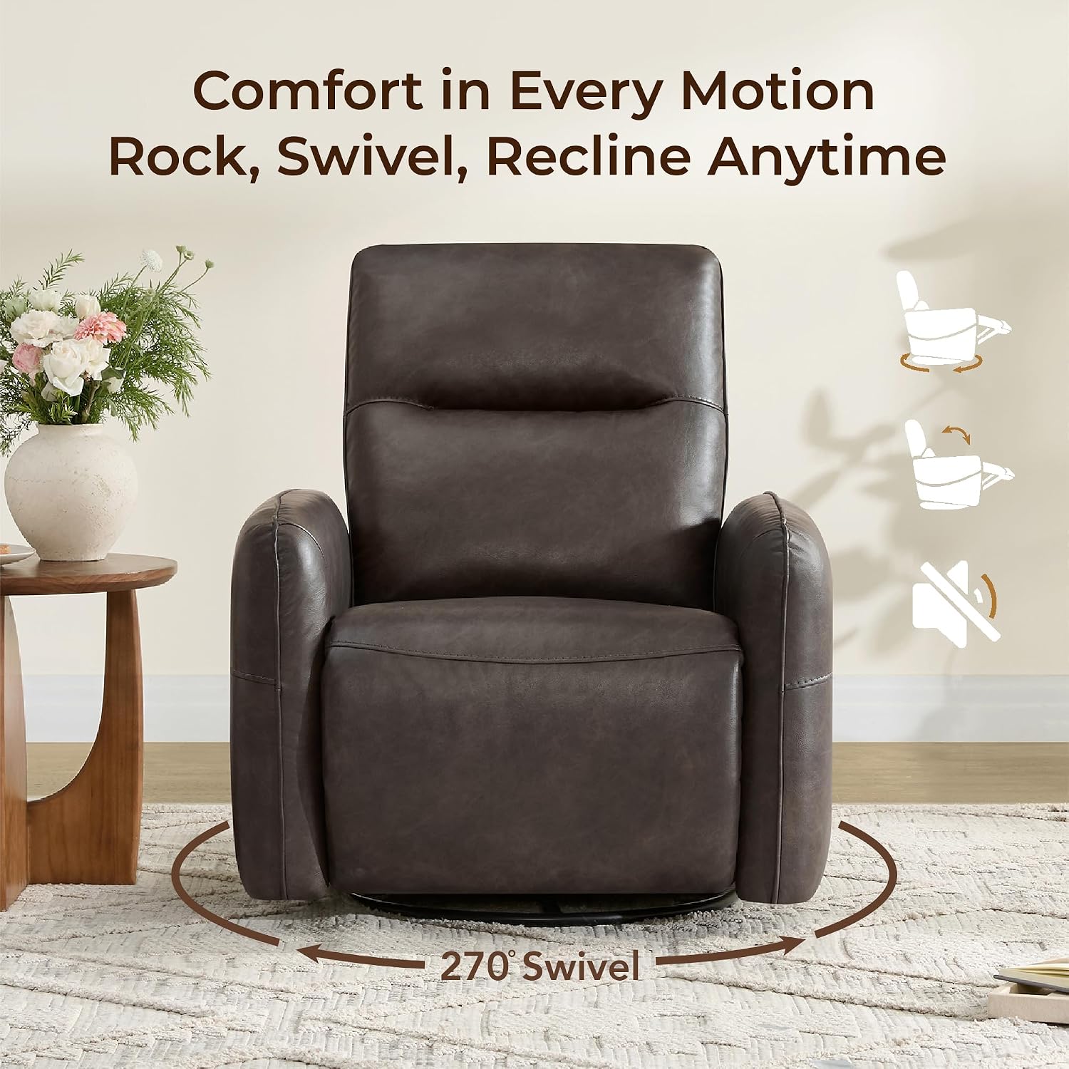 CHITA Power Recliner Chair, Faux Leather Swivel Glider for Adults, Electric Nursery Rocking Chair with USB & Type-C Charging for Living Room, Bedroom, Chocolate Brown