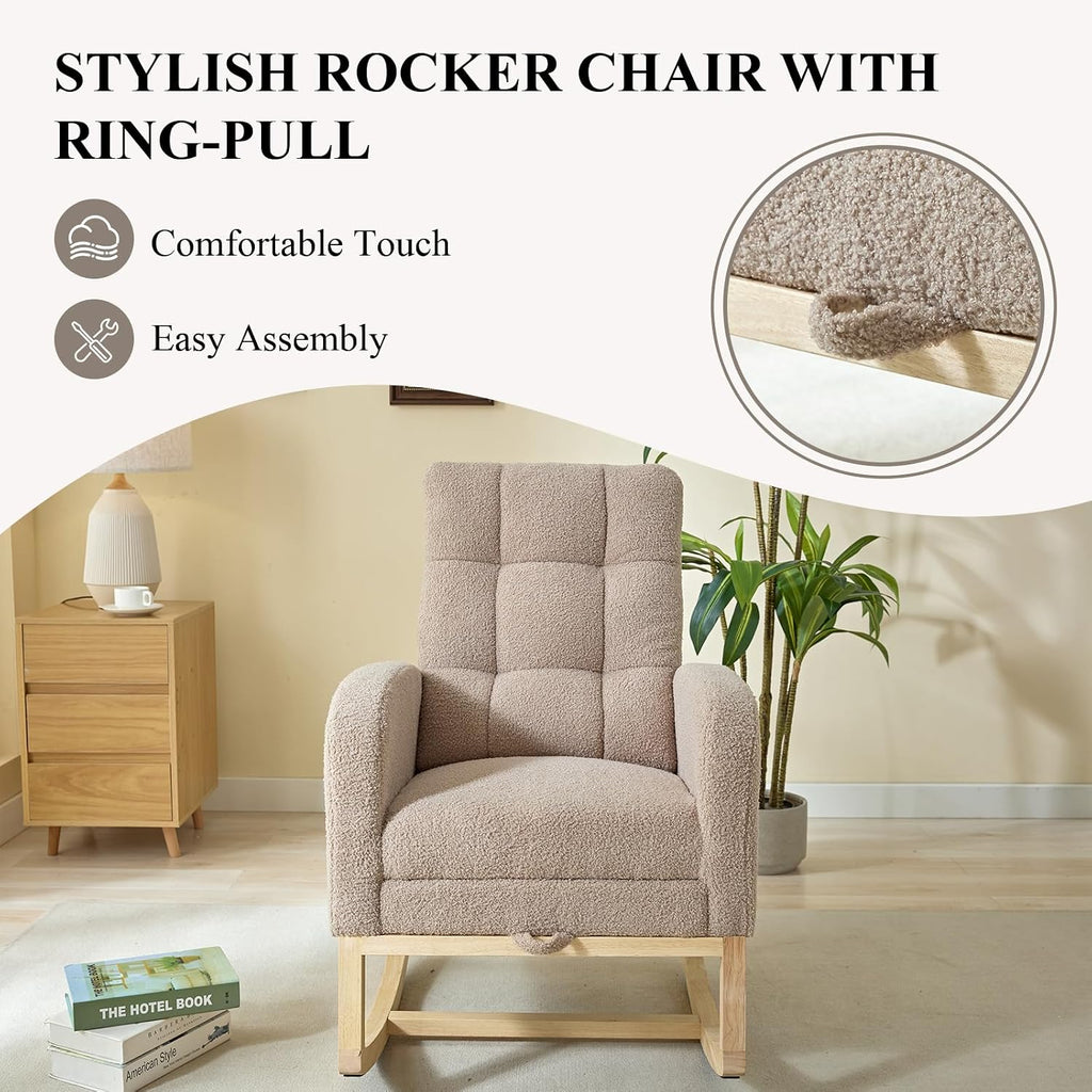Nursery Rocking Chair, Polyester Upholstered Glider Chair with Footrest, Comfy Rocker Chair, Accent Chair with High Backrest, Glider Rocker, Armchair for Living Room (Brown Teddy)