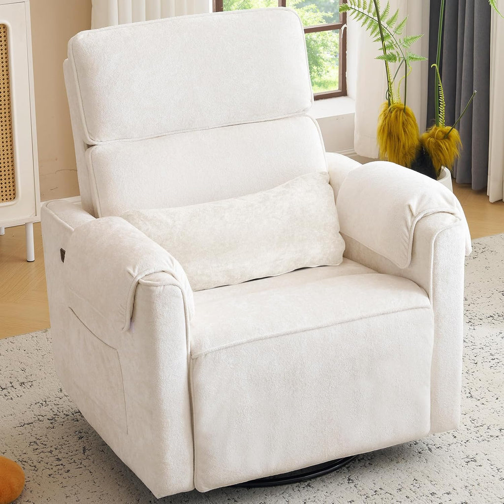 Oversized Power Recliner Chair Swivel Glider with Adjustable Headrest, 26' Extra Wide Glider Nursery Chair with Overstuffed Armrest, USB Ports, Chenille Fabric, Cream