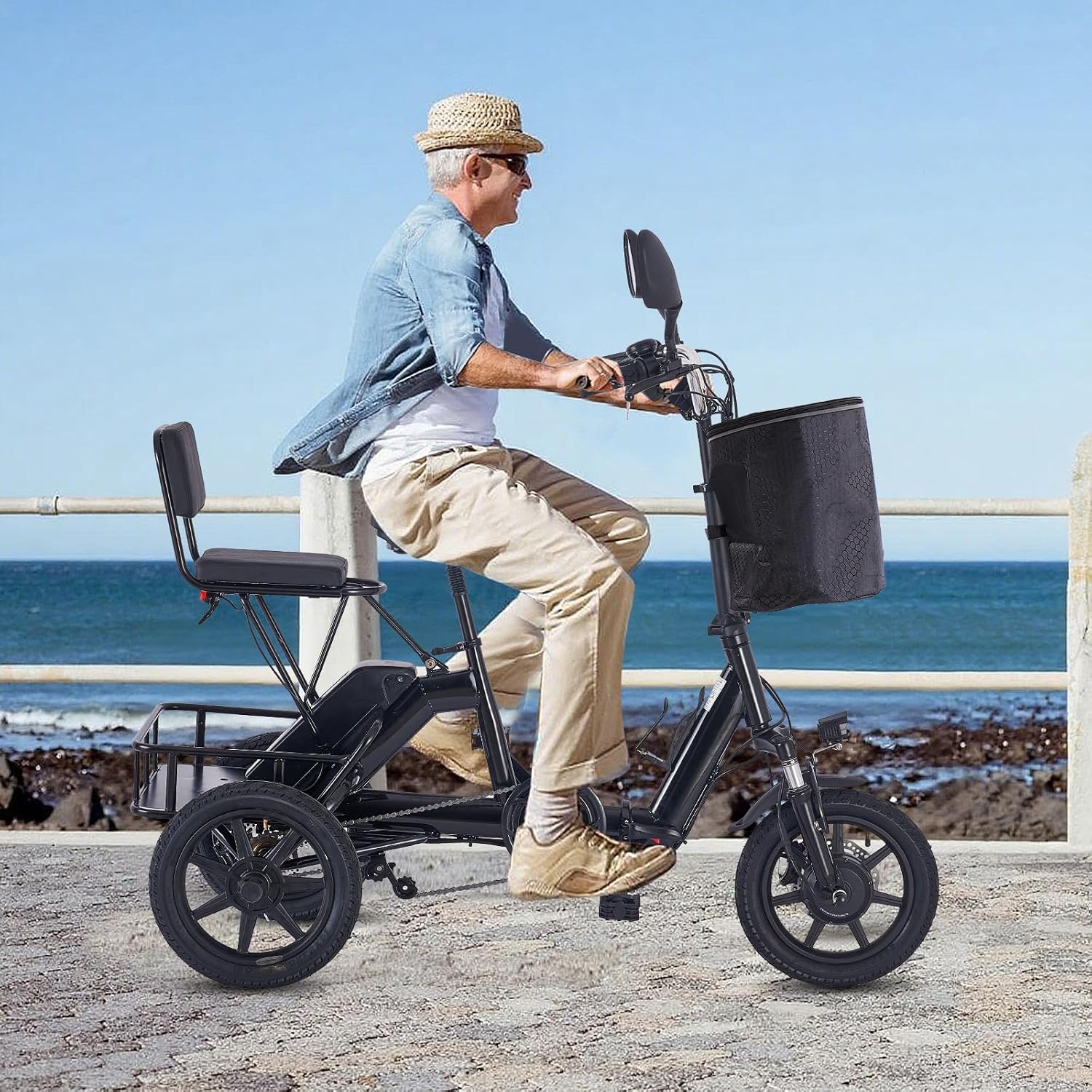 E Trike Electric Bike, 350W(Peak 500W) Brushless Motor Folding Trike, 2 Seats Ebike, 480Wh Removable Battery, Step-Thru 3 Wheel Electric Bicycle, Up to 45 Miles, Tricycle for Adults Parents